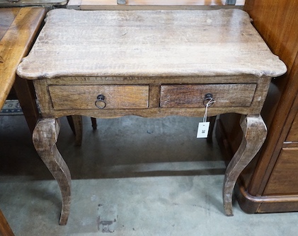 An 18th century style French provincial pine two drawer side table, width 79cm, depth 49cm, height 76cm